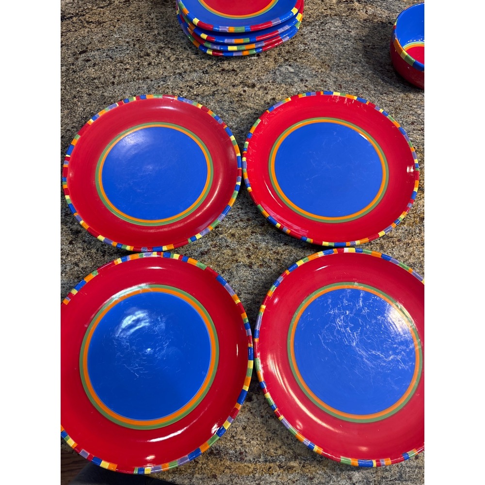 8 Dansk Caribe Antigua Striped Plates Set of 4 Dinner 4 Salad Blue Red Ceramic - Picture 6 of 8